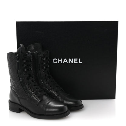 Chanel Sheepskin Quilted CC Tall Lace Up Combat Boots 35 Black 10 of 10