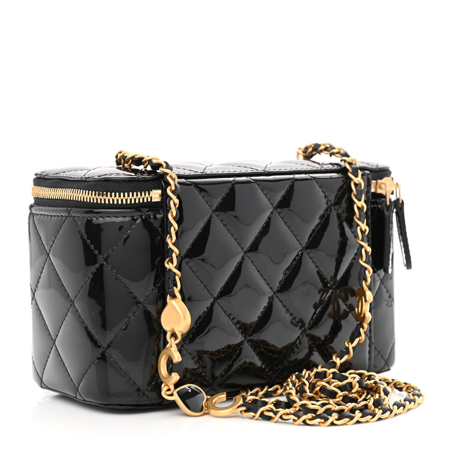 Patent Enamel Quilted Small Coco Hearts Vanity Case With Chain Black