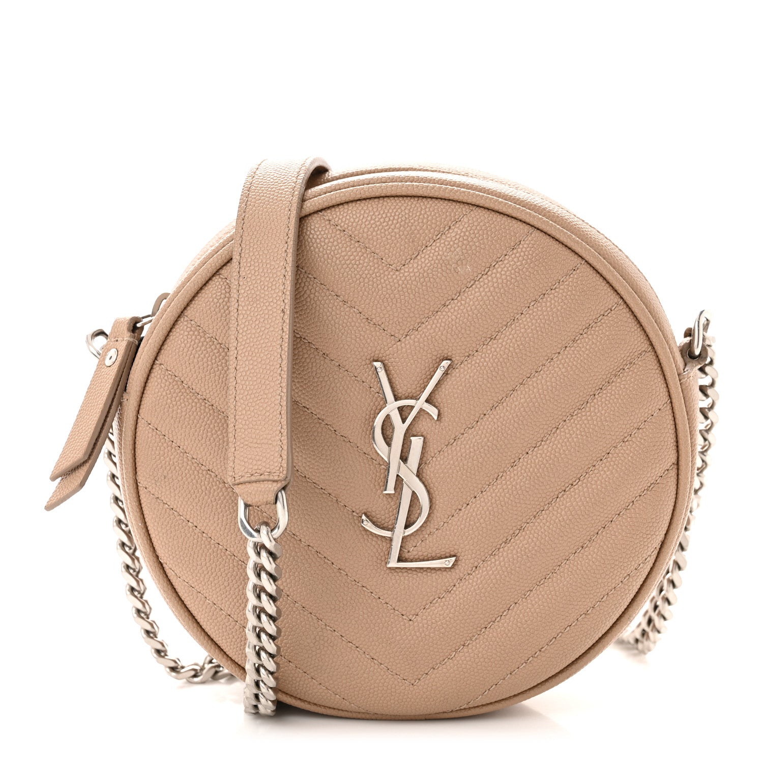 Saint Laurent Grain De Poudre Matelasse Chevron Quilted Round Vinyle Camera Bag Dark Beige 1 of 10