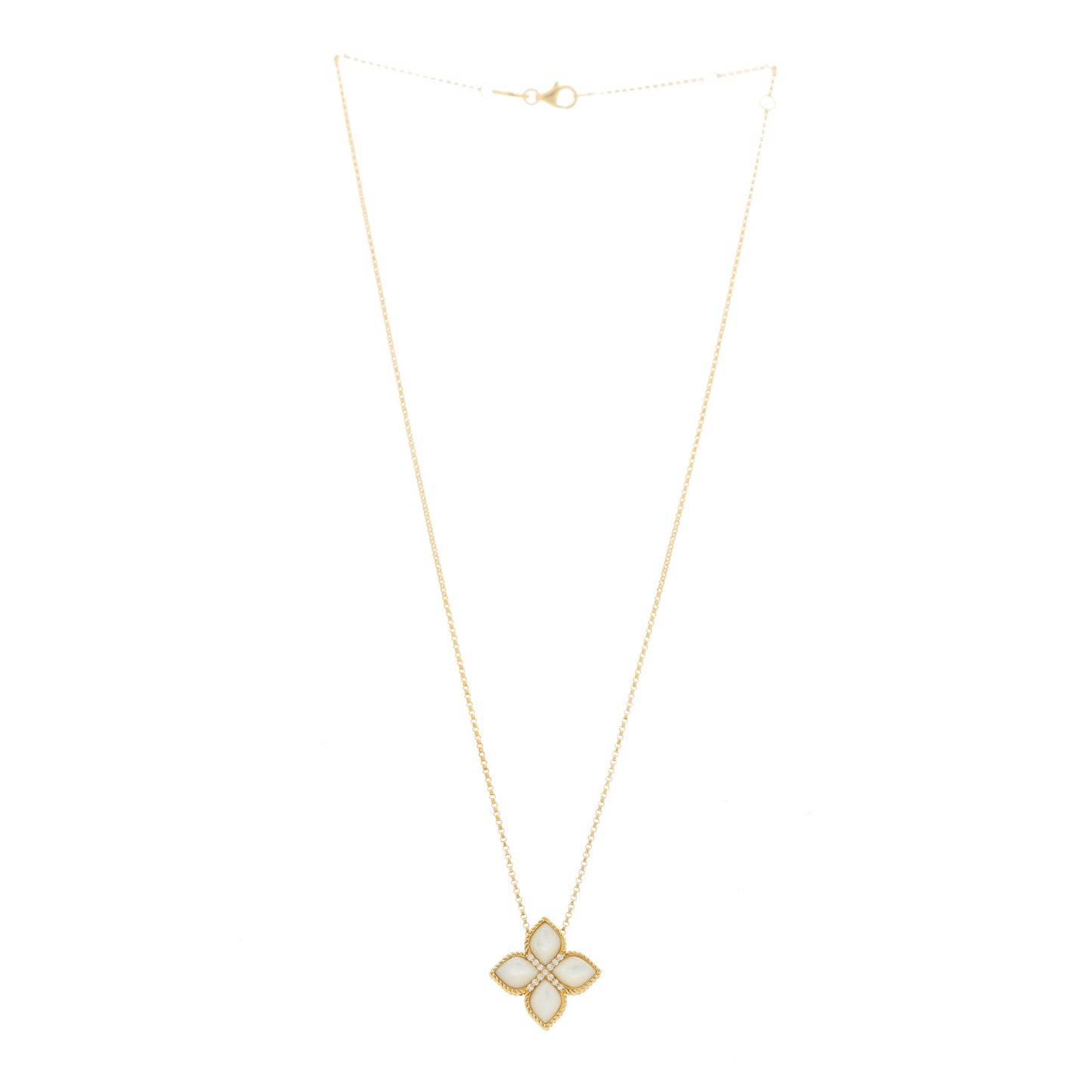 18K Yellow Gold Diamond Mother of Pearl Venetian Princess Medium Flower Pendant Necklace