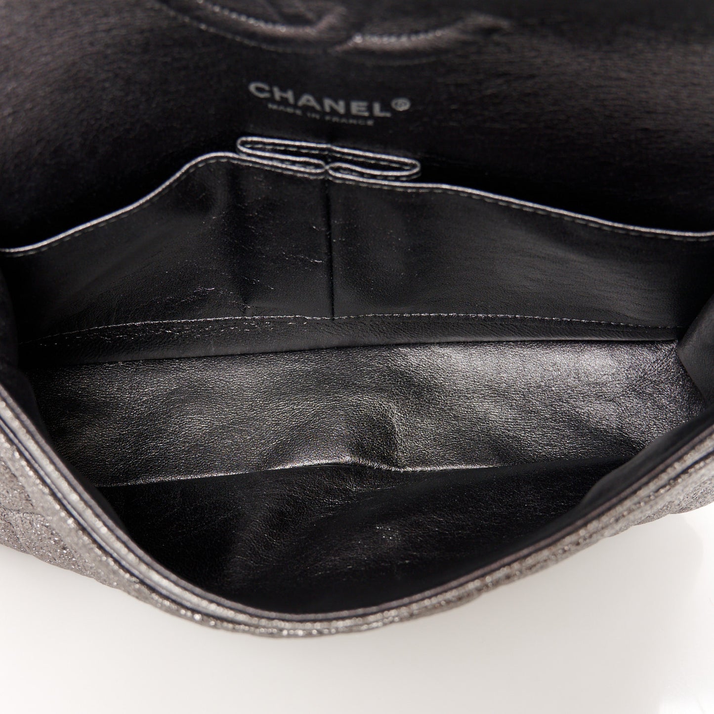 Metallic Crackled Calfskin Medium Double Flap Dark Silver