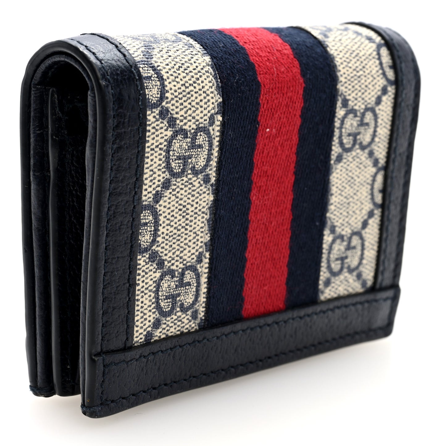 GG Supreme Monogram Textured Dollar Calfskin Web Ophidia Card Case Beige Blue