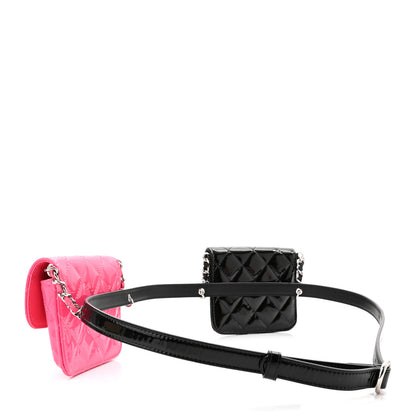 Chanel Patent Quilted Belt In Love Double Mini Flap Waist Bag Black Pink 3 of 13