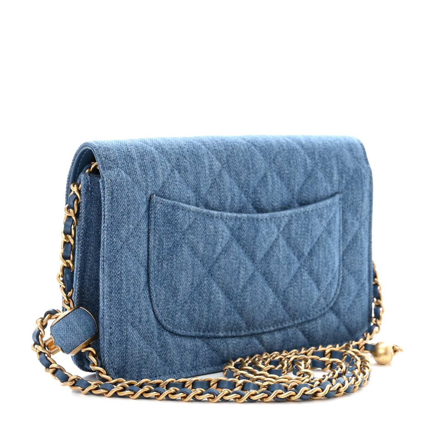 Denim Quilted CC Pearl Crush Wallet on Chain WOC Blue