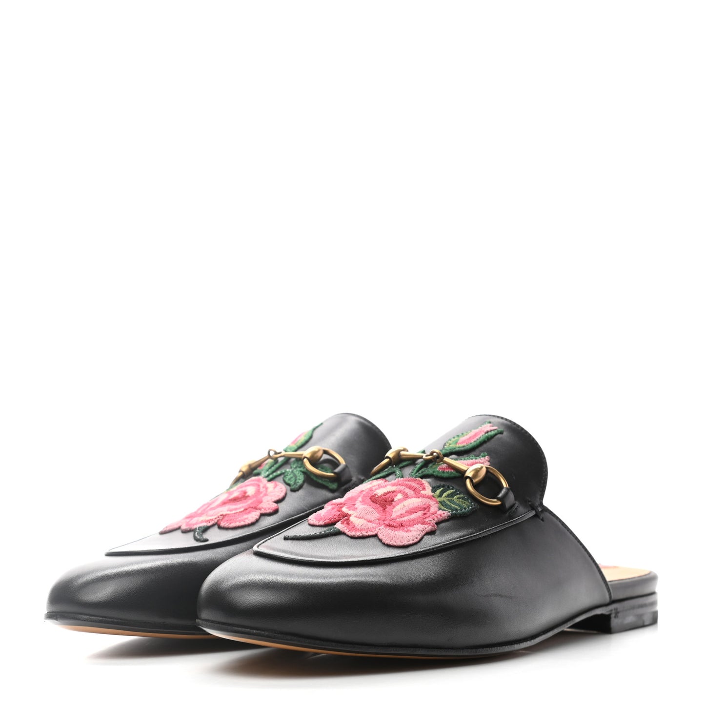 Calfskin Flower Embroidered Princetown Slippers 40.5 Black