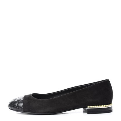 Chanel Suede Lambskin Quilted Pearl CC Cap Toe Ballerina Flats 36.5 Black 1 of 9