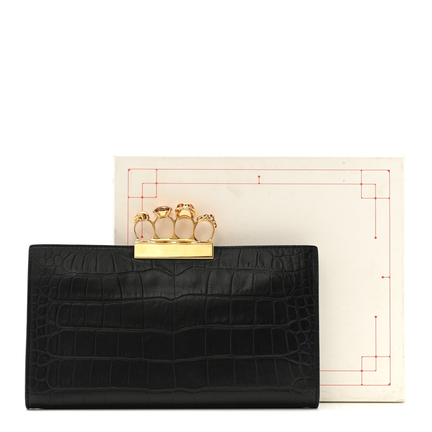 Calfskin Crocodile Embossed Knuckle Flat Clutch Black Gold