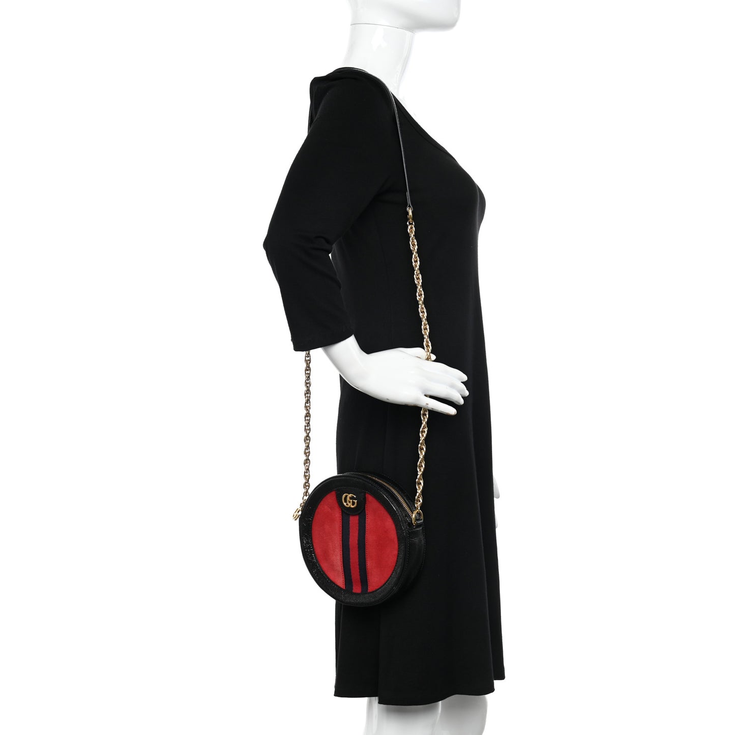 Suede Patent Web Mini Ophidia Round Shoulder Bag Hibiscus Red Black