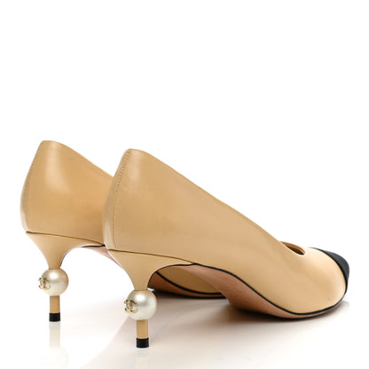 Chanel Lambskin Grosgrain Pearl Cap Toe Pumps 38 Beige Black 4 of 11