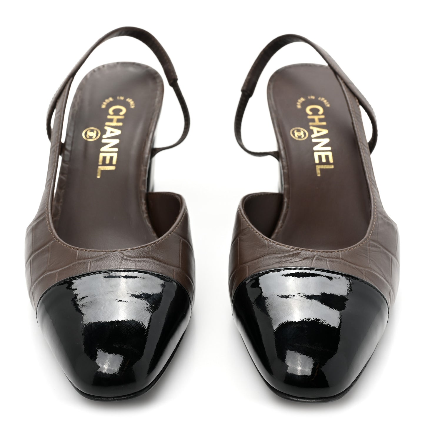 Calfskin Crocodile Embossed Patent Cap Toe CC Slingback Sandals 38.5 Brown Black