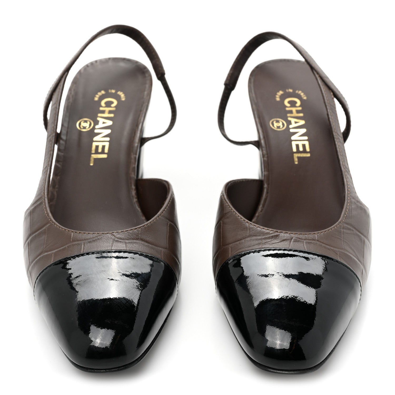 Chanel Calfskin Crocodile Embossed Patent Cap Toe CC Slingback Sandals 38.5 Brown Black 2 of 10