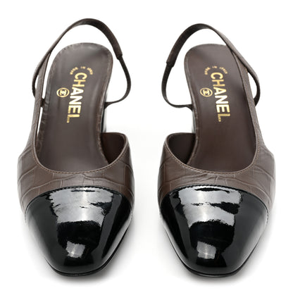 Chanel Calfskin Crocodile Embossed Patent Cap Toe CC Slingback Sandals 38.5 Brown Black 2 of 10
