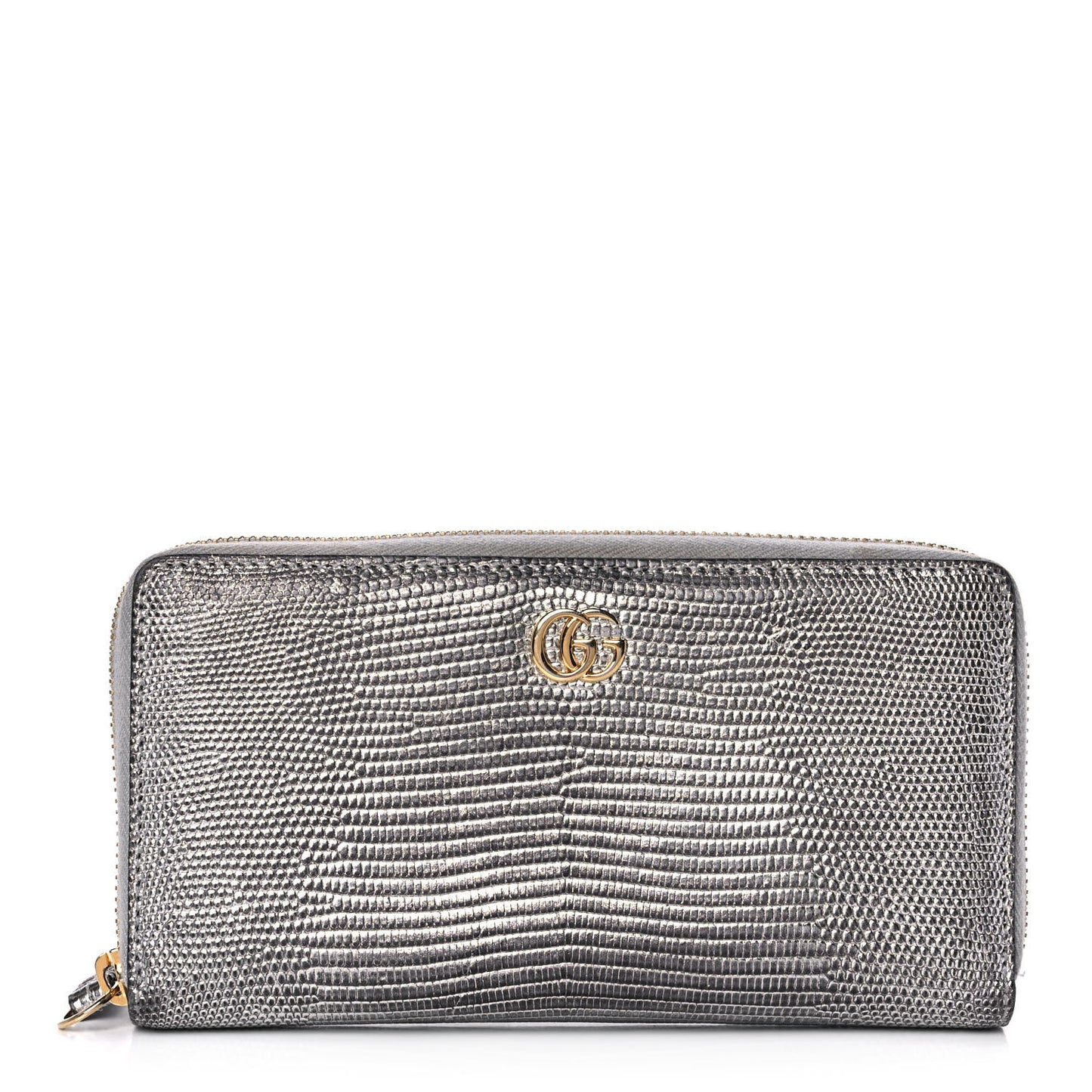 Laminated Lizard GG Marmont Zip-Around Wallet Silver