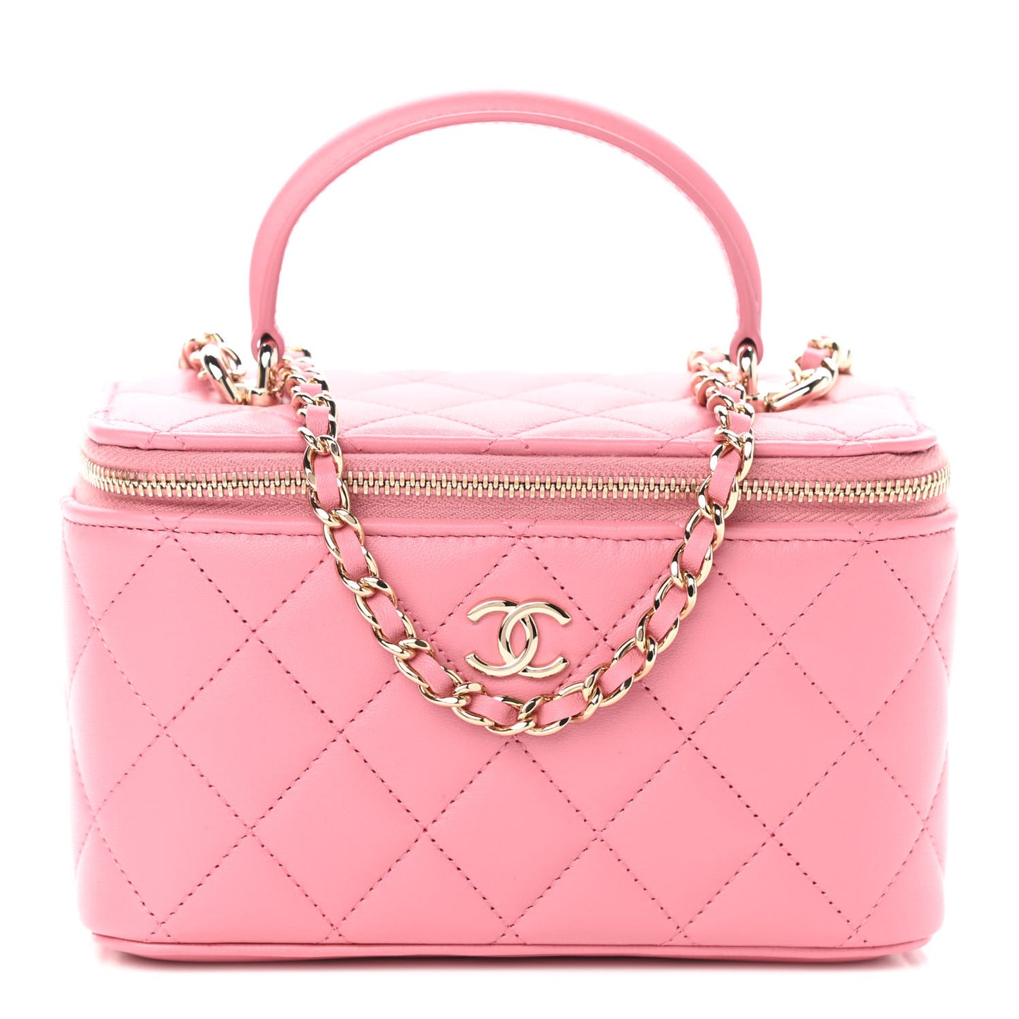 Lambskin Quilted Small Top Handle Vanity Case With Chain Dark Pink