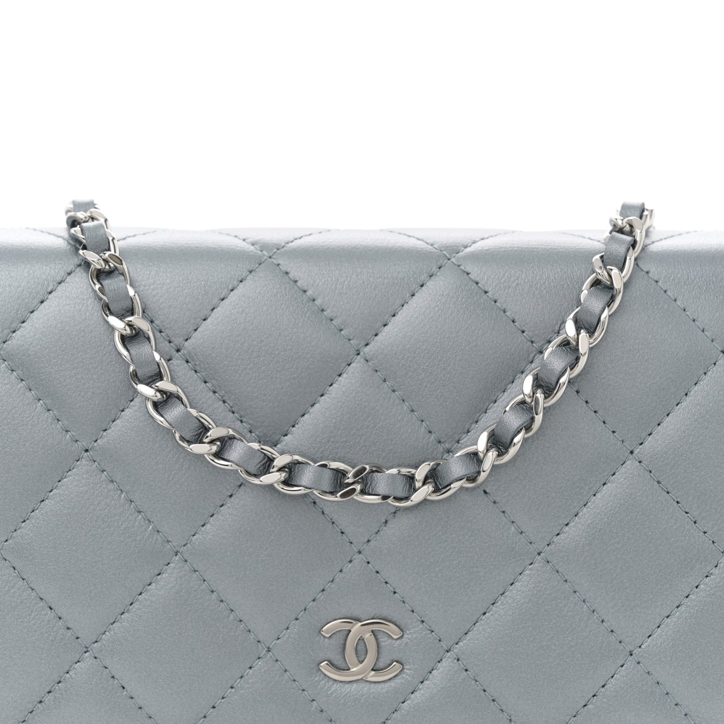 Metallic Lambskin Quilted Wallet On Chain WOC Silver