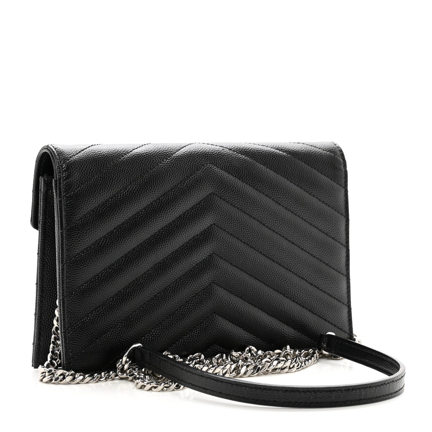 Saint Laurent Grain De Poudre Matelasse Chevron Monogram Envelope Chain Wallet Black 3 of 9