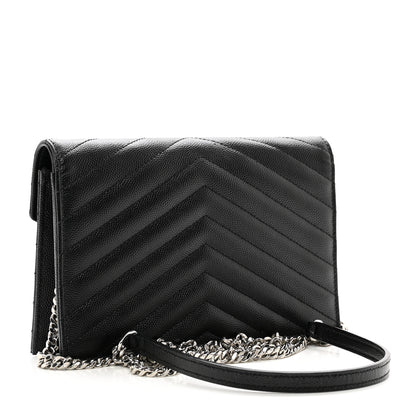 Saint Laurent Grain De Poudre Matelasse Chevron Monogram Envelope Chain Wallet Black 3 of 9