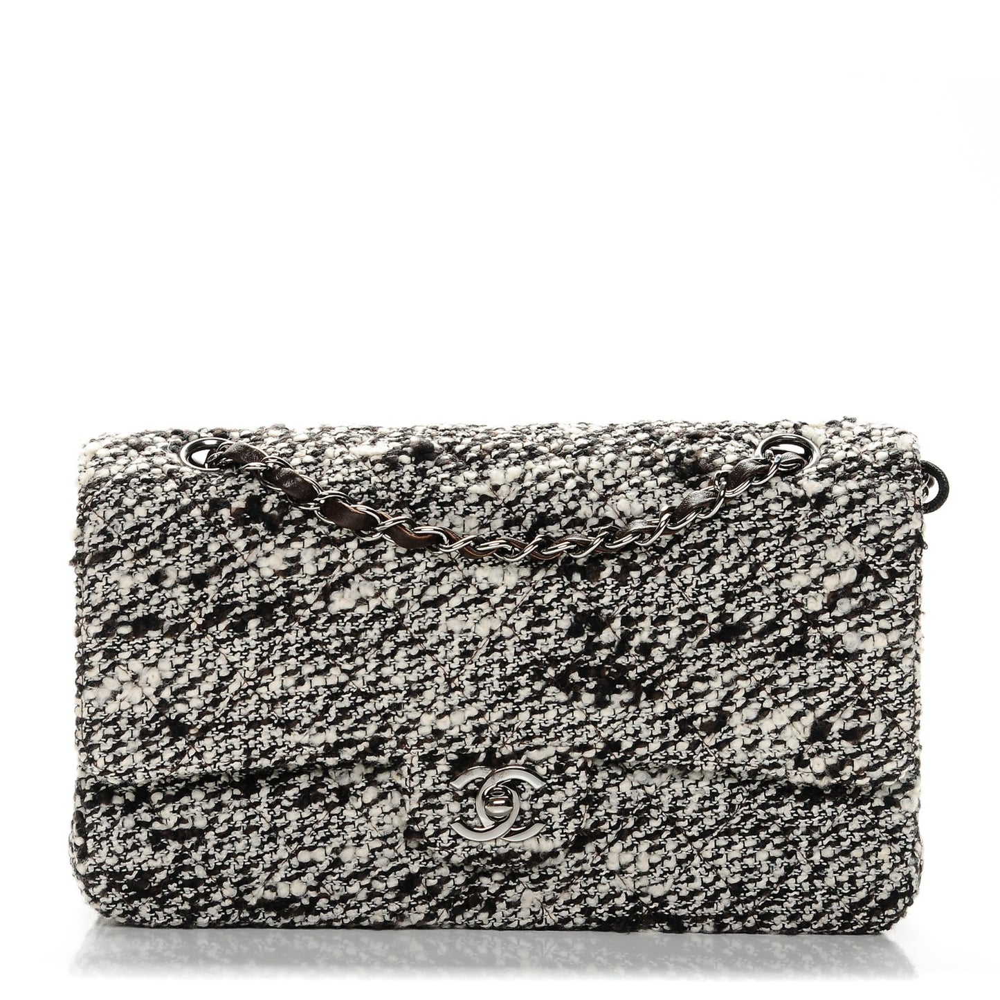 Tweed Quilted Medium Double Flap White Brown