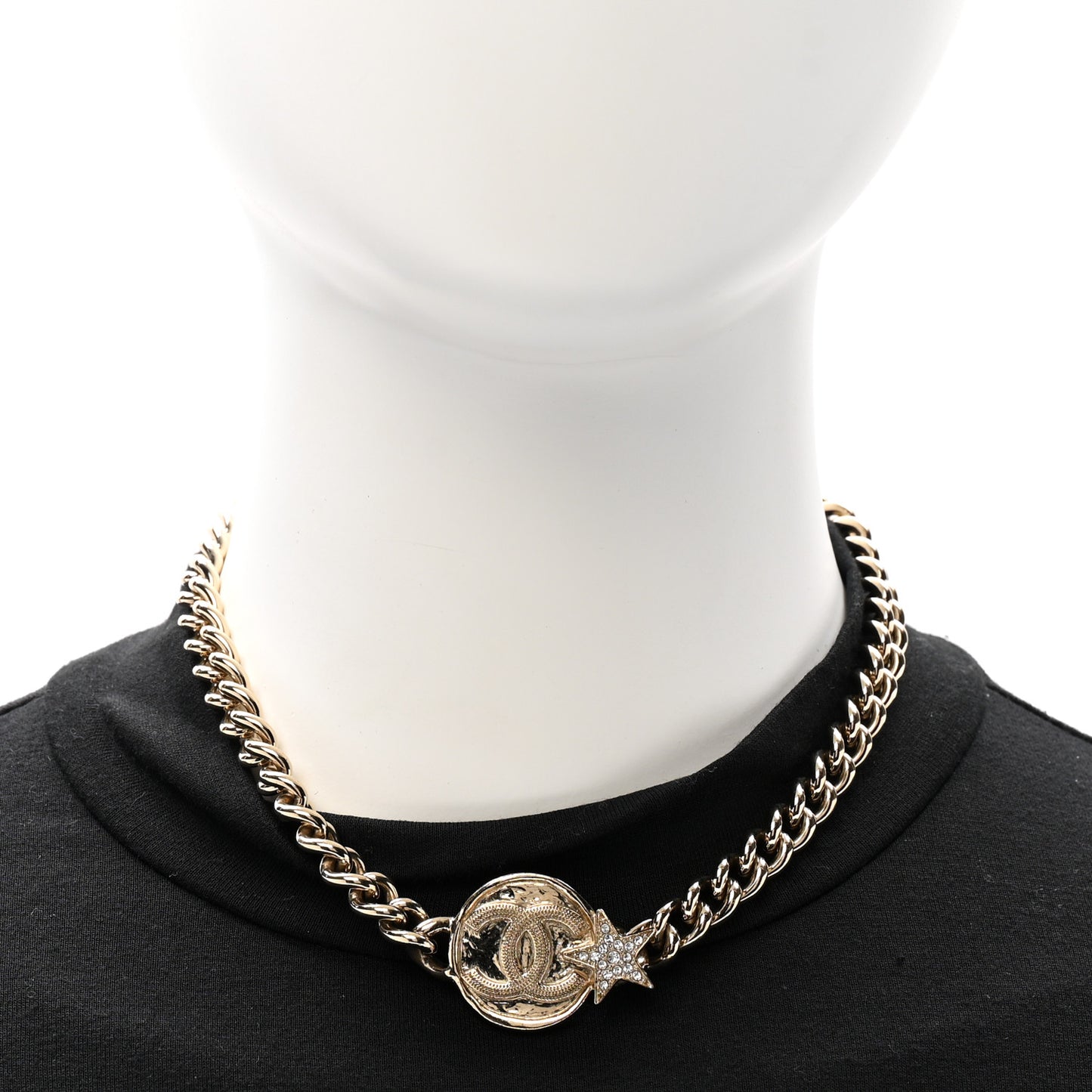 Metal Crystal Textured CC Star Chain Choker Necklace Gold