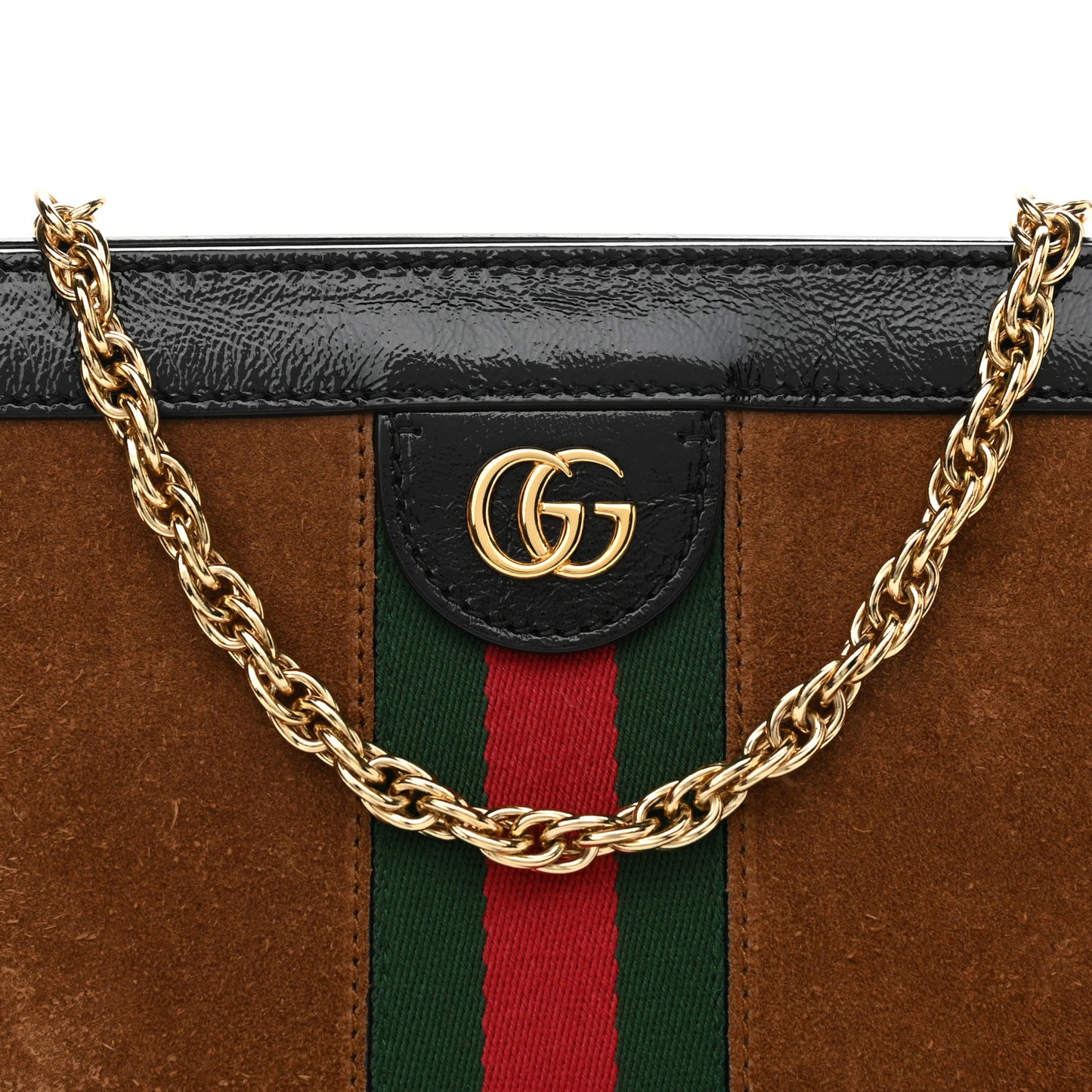 Suede Patent Web Small Ophidia Chain Shoulder Bag Nocciola Black
