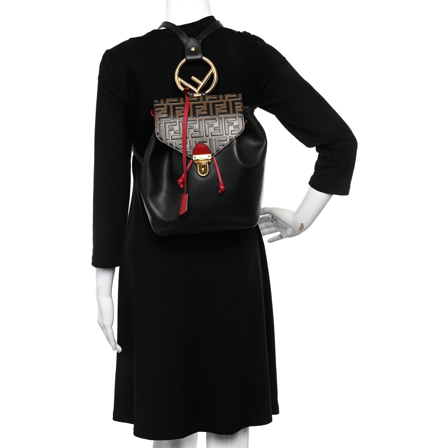 Fendi Vitello Cruise Bi-Color FF 1974 Embossed F is Fendi Drawstring Backpack Black Fragola Maya 2 of 12
