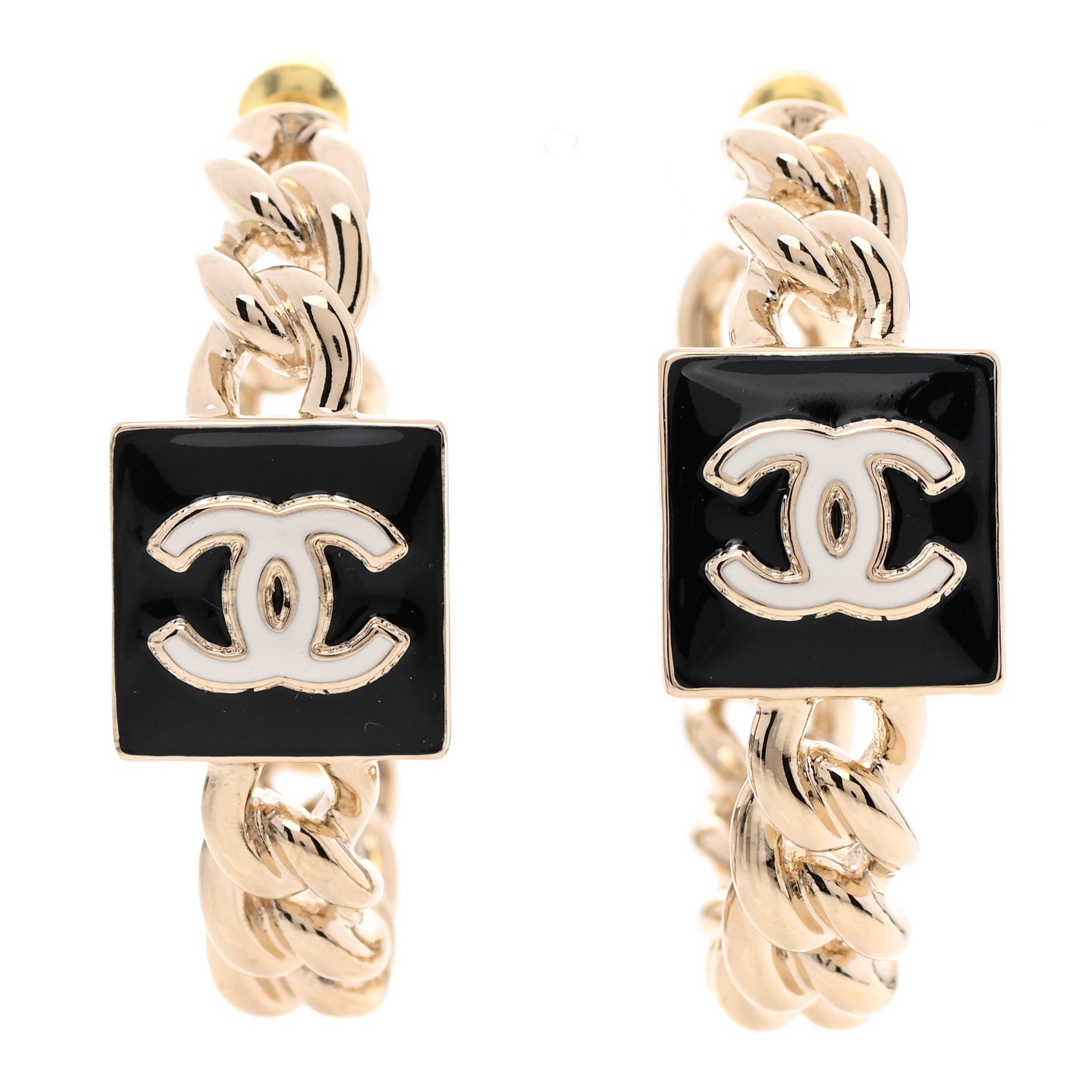 Chanel Metal Enamel CC Square Chain Hoop Earrings Gold Black 1 of 3