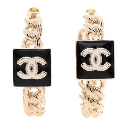 Chanel Metal Enamel CC Square Chain Hoop Earrings Gold Black 1 of 3