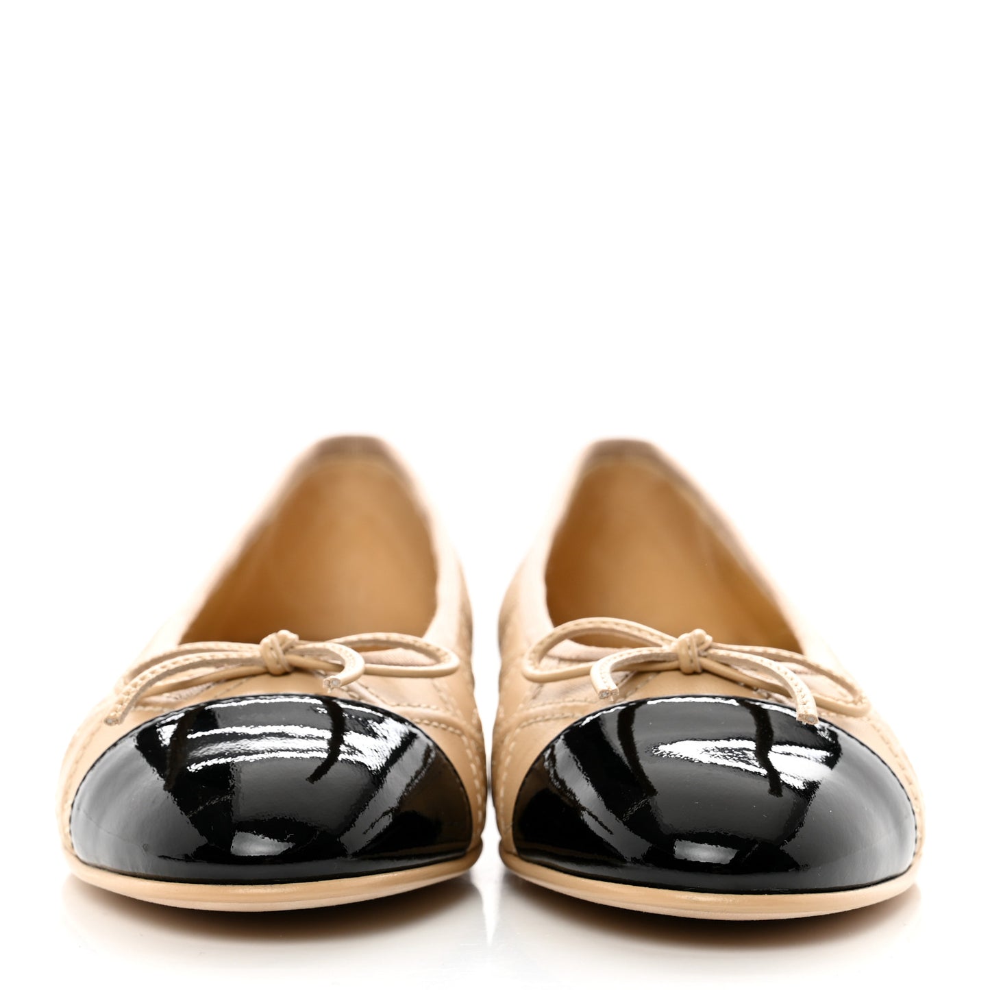 Lambskin Patent Calfskin Double Stitched CC Cap Toe Ballerina Flats 36 Beige Black