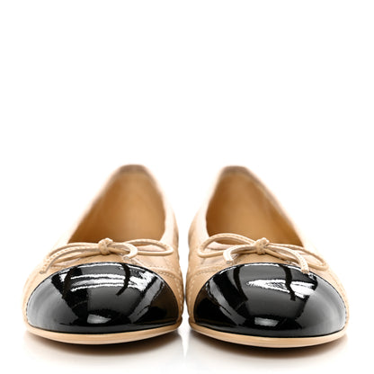 Chanel Lambskin Patent Calfskin Double Stitched CC Cap Toe Ballerina Flats 36 Beige Black 2 of 9
