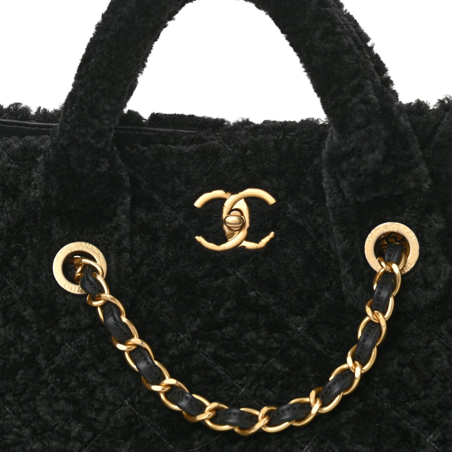 Shearling Sequin Tweed Shopper Tote Black