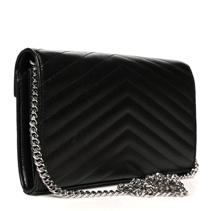 Saint Laurent Grain De Poudre Matelasse Chevron Monogram Chain Wallet Black 3 of 12