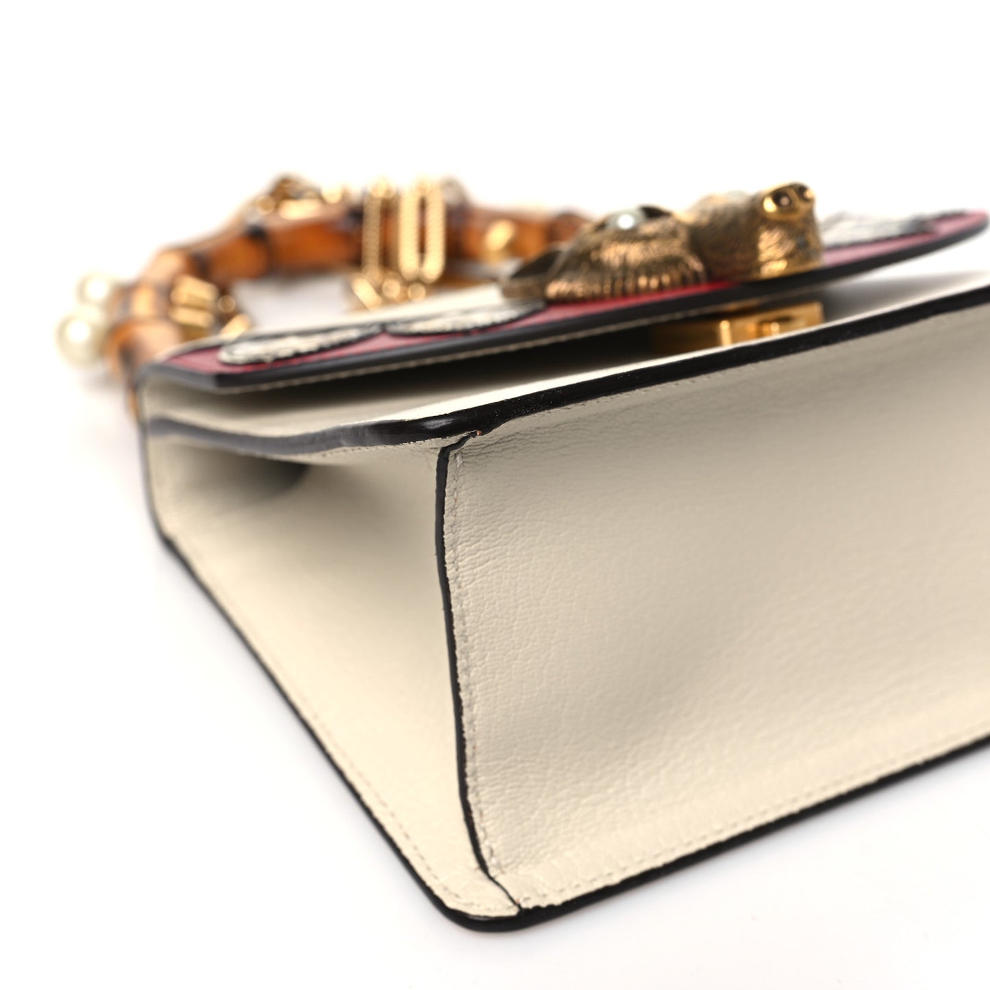 Goatskin Pearl Mini Fox Broche Bamboo Top Handle Bag Hibiscus Red Mystic White