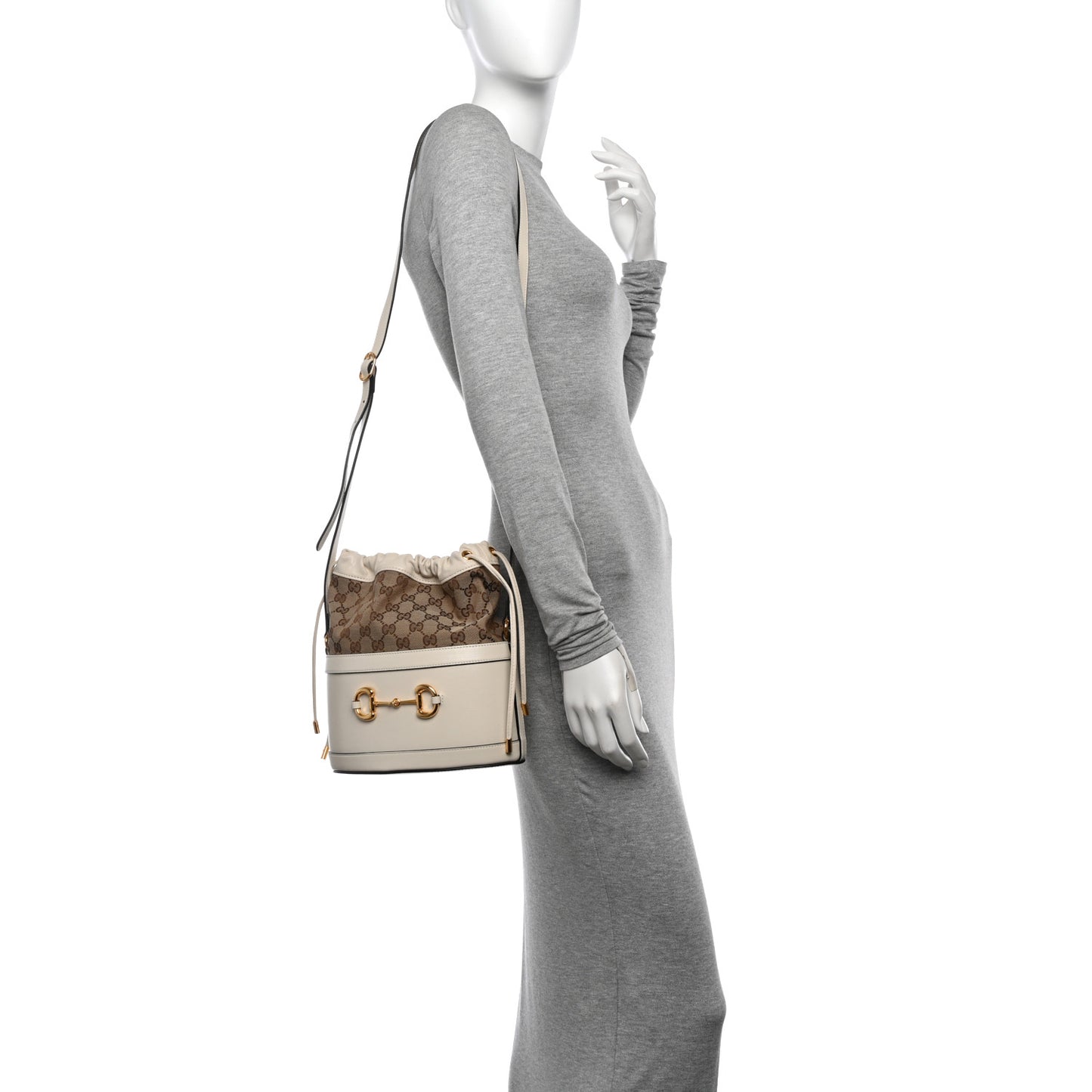 Monogram Textured Calfskin Horsebit 1955 Drawstring Bucket Bag Beige Mystic White