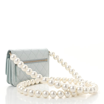 Chanel Calfskin Quilted Mini Maxi Pearls Wallet On Chain WOC Light Blue 3 of 10