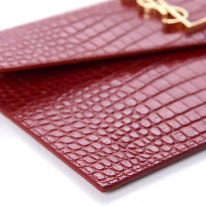 Saint Laurent Calfskin Crocodile Embossed Uptown Monogram Clutch Rouge Eros 6 of 9