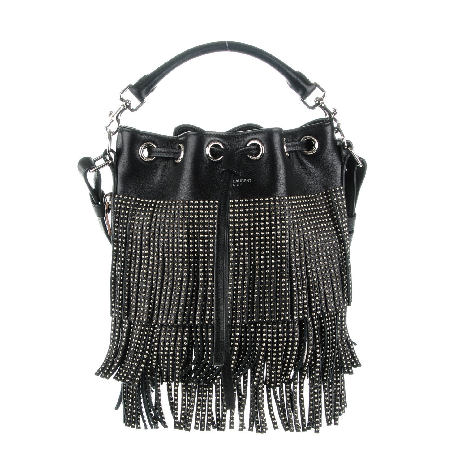 Saint Laurent Calfskin Studded Small Emmanuelle Fringe Bucket Bag Black 1 of 7