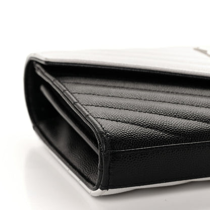 Saint Laurent Grain De Poudre Matelasse Chevron Bi-Color Monogram Chain Wallet White Black 7 of 10