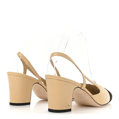 Chanel Goatskin Grosgrain Cap Toe CC Slingback Pumps 39 Beige Black 5 of 9