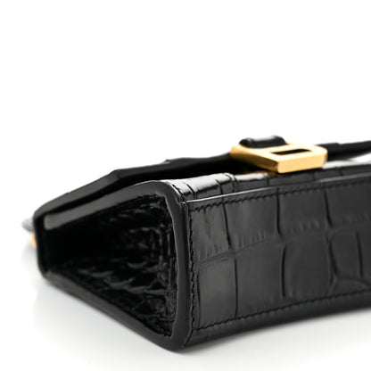 Balenciaga Shiny Calfskin Crocodile Embossed Hourglass Top Handle Bag Mini with Chain Black 8 of 9