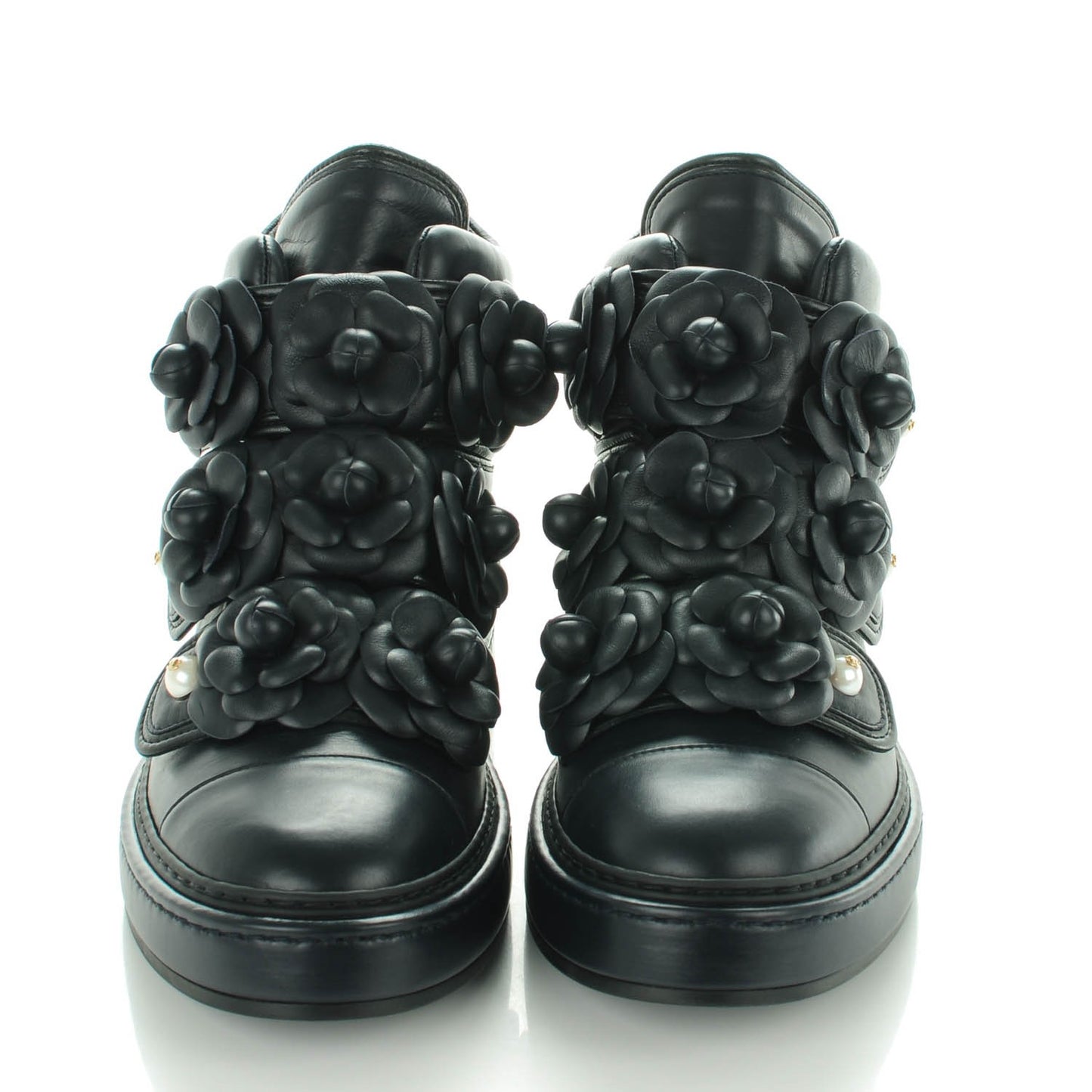 Calfskin Pearl Camellia High Top Sneakers 38.5 Navy