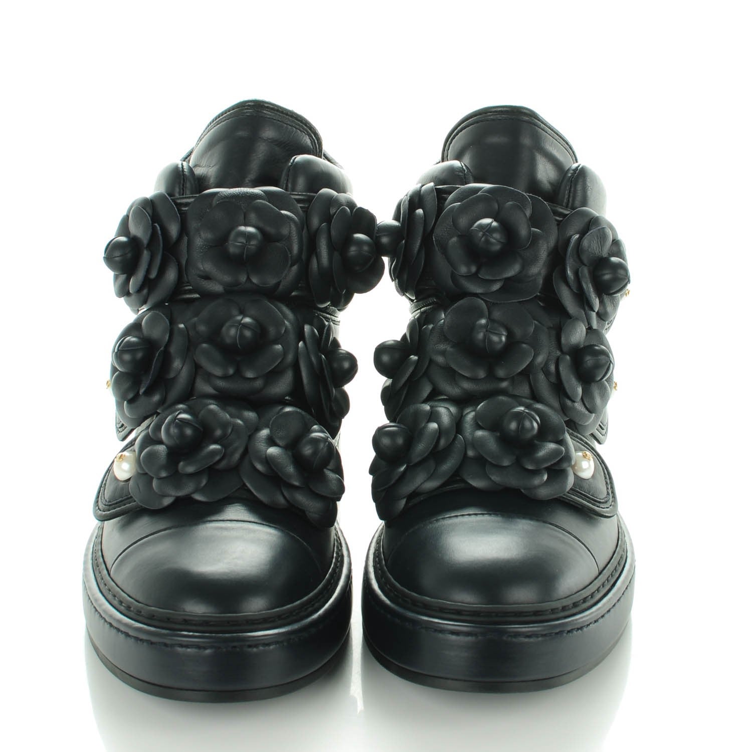 Chanel Calfskin Pearl Camellia High Top Sneakers 38.5 Navy 2 of 8
