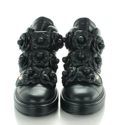 Chanel Calfskin Pearl Camellia High Top Sneakers 38.5 Navy 2 of 8