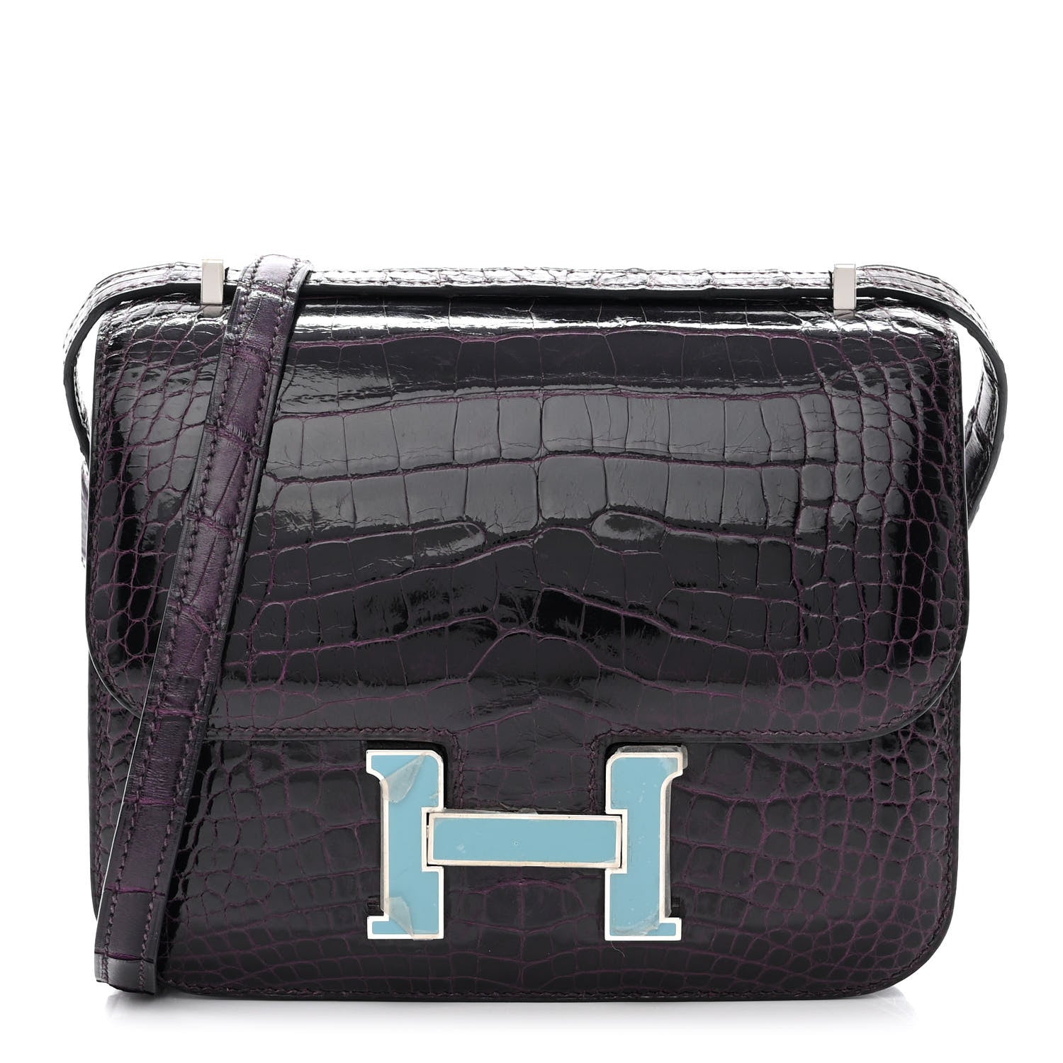 Hermes Shiny Alligator Enamel Constance 18 Prunoir Bleu Saint Cyr 1 of 10