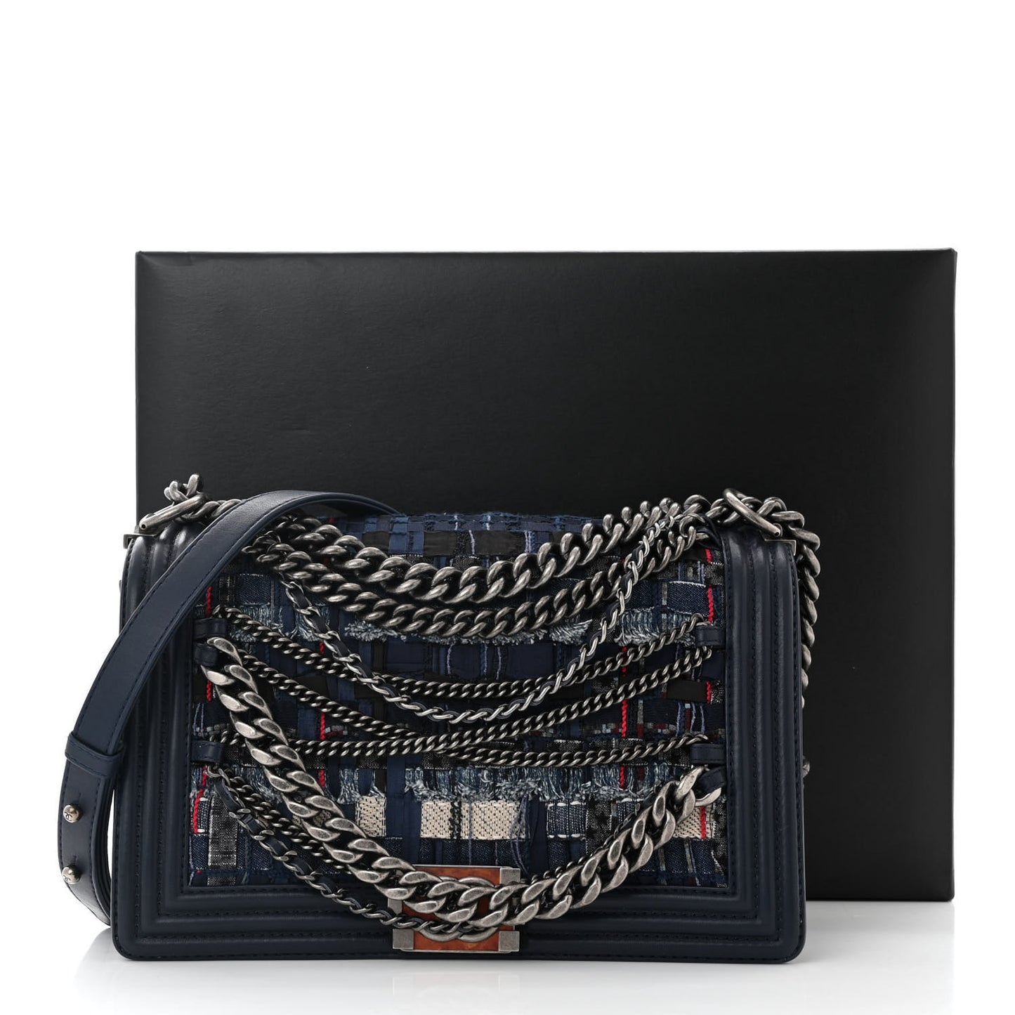 Lambskin Denim Tweed Medium Enchained Boy Flap Navy Blue