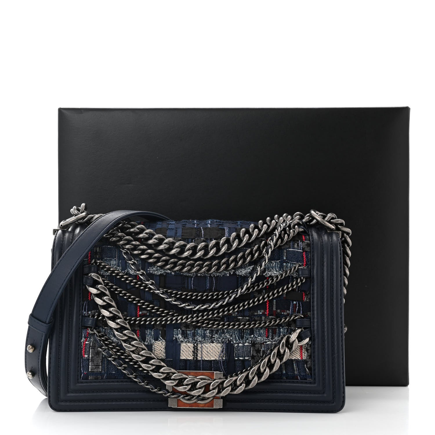 Chanel Lambskin Denim Tweed Medium Enchained Boy Flap Navy Blue 12 of 12