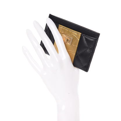 Chanel Lambskin Quilted Crocodile Embossed Reissue Card Holder Black Gold 2 of 9