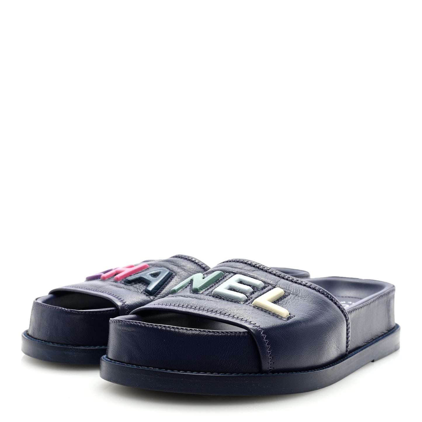 Lambskin Cha-Nel Mule Sandals 36.5 Navy Multicolor