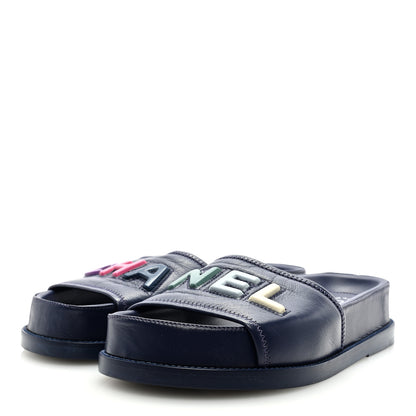 Chanel Lambskin Cha-Nel Mule Sandals 36.5 Navy Multicolor 3 of 8