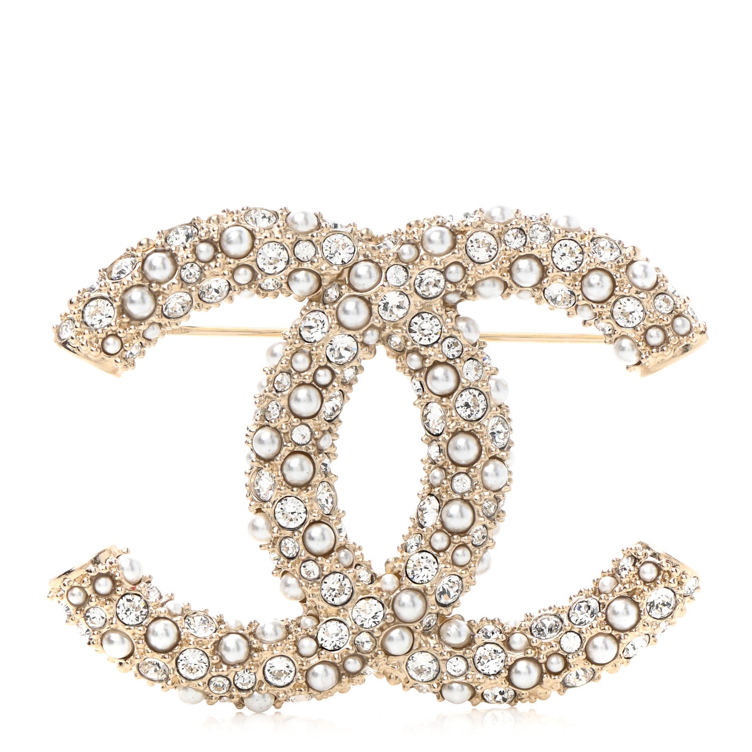 Chanel Crystal Pearl Caviar CC Brooch Gold 1 of 5