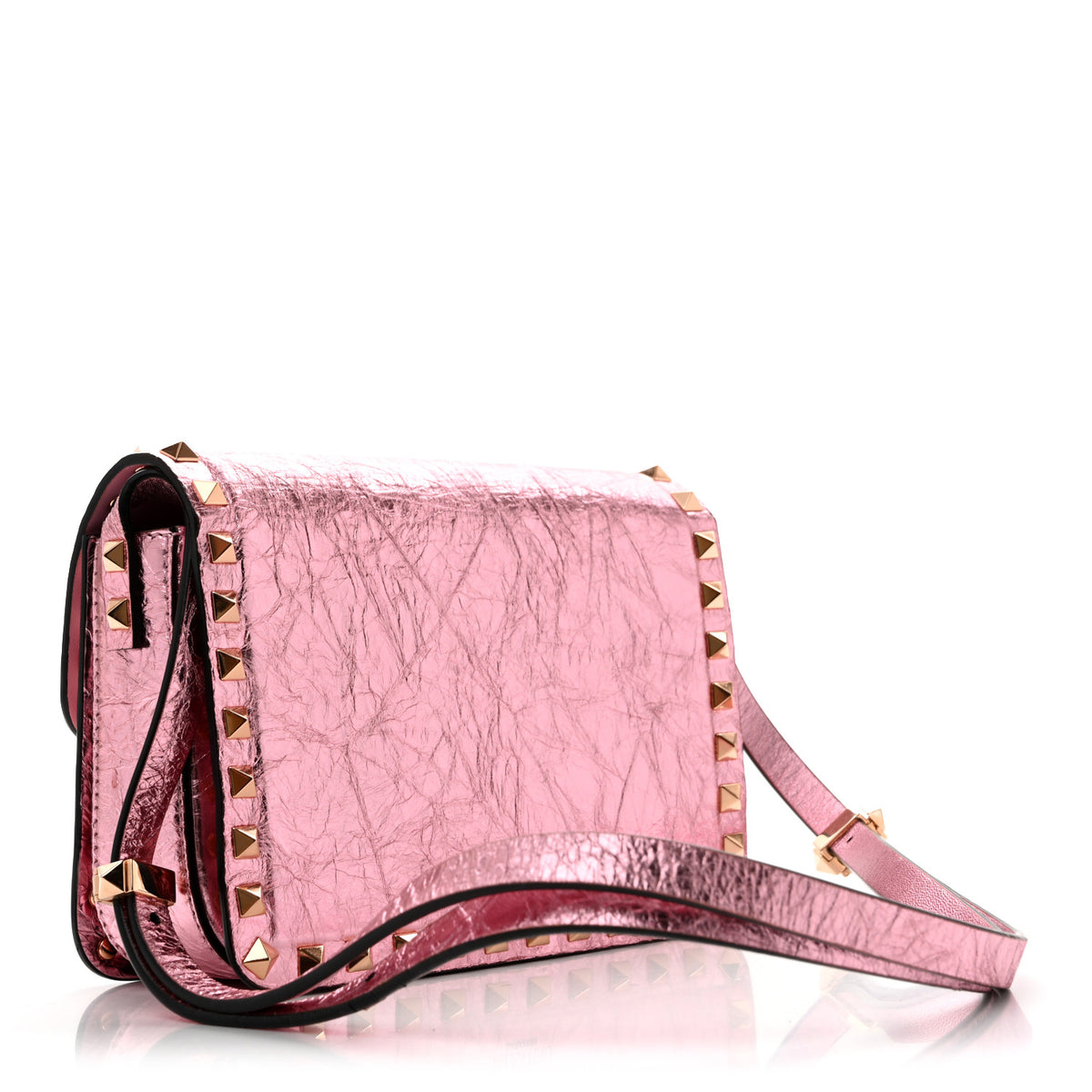 Valentino Garavani Metallic Crackle Effect Calfskin Rockstud Flip Lock Shoulder Bag Rose Cannelle 3 of 12